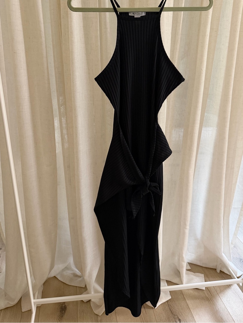 Backless Black Ribbed Tie-Front Maxi Dress -